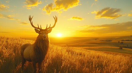 Majestic deer at golden sunset over a field