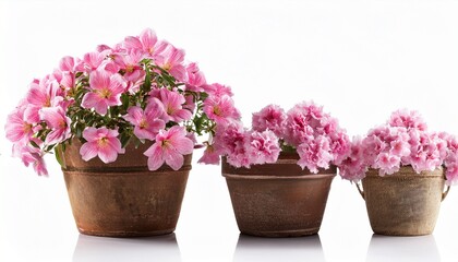 the blossoming pink flowers in old pots isolated on white