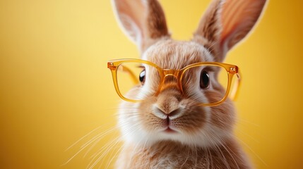 This adorable rabbit dons stylish yellow glasses, against a bright yellow backdrop, creating a whimsical and fun atmosphere. It represents curiosity and playfulness.