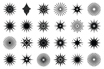 Set of dynamic sparkle pattern, radiant line art, silhouette vector illustration on white background.