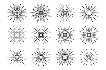 Set of firework burst line art vector illustration on white background.