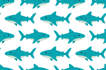 Seamless pattern of blue sharks swimming on white background, suitable for children’s marine-themed designs and packaging