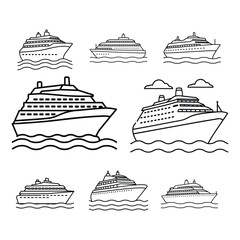 Set of large cruise ship, ship line art vector illustration on white background.