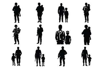  Set of military father and son silhouette vector illustration on white background.