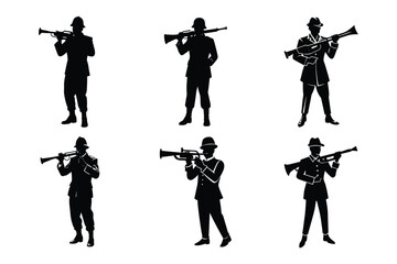 Set of military men with trumpet and rifle silhouette vector illustration on white background.