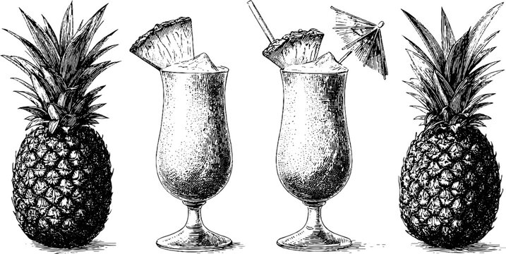 Tropical vibes with detailed engraved pina colada glass and pineapple illustrations - Powered by Adobe