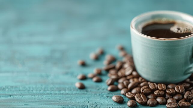 A beautifully styled cup of coffee surrounded by coffee beans on a textured turquoise surface, symbolizing comfort, warmth, and the inviting experience of coffee culture.