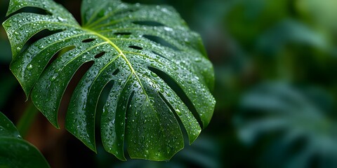 Obraz premium Giant glossy green Monstera leaf, fenestrations, rain droplets, centered. Sharp focus on central vein, droplets. Blurred deep green jungle bokeh. Botanical macro.