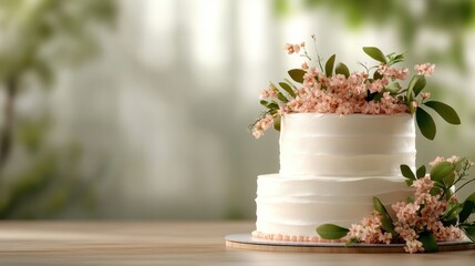 An elegant two-tiered white cake adorned with soft pink flowers sits beautifully, perfectly capturing the essence of celebration and artistry in pastry design.