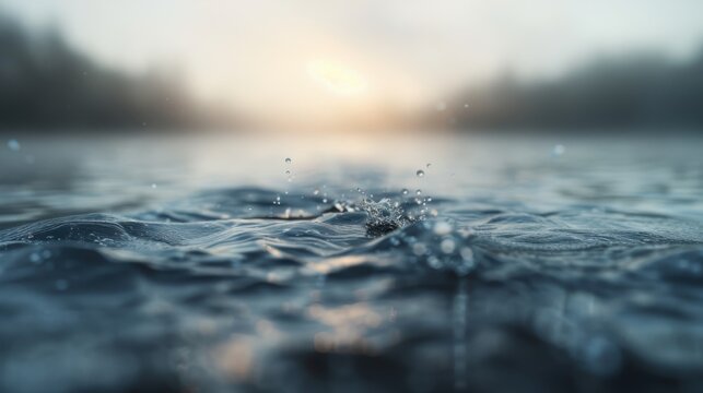 The tranquil surface of water captures droplets shimmering delicately in the golden light of sunrise, creating an enchanting and serene atmosphere for reflection.