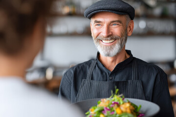 Smiling chef serving fresh salad to customer in cozy restaurant, showing friendly interaction and warm hospitality