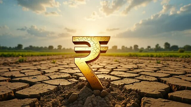 Rupee symbol rising from cracked soil, representing rural economic upliftment and financial empowerment of farmers