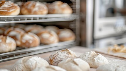 This image showcases an array of artisan bread loaves freshly baked, perfectly placed on a wooden table against a backdrop of a roasting oven with more loaves.