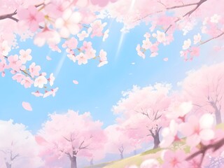 Beautiful Cherry Blossom View from Below with Blue Sky and Soft Sunlight Spring Season Background