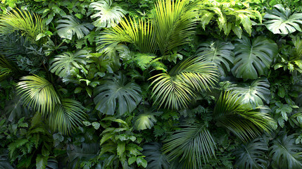 Lush green foliage featuring monstera and palm leaves creating a vibrant tropical background