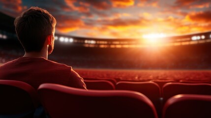 A contemplative figure silhouetted against a breathtaking sunset, seated in a vast stadium, evoking feelings of nostalgia and hope as day transitions into night.