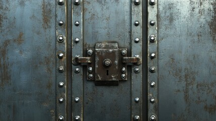 Heavily secured metallic entrance featuring intricate fastening mechanism with evident signs of aging