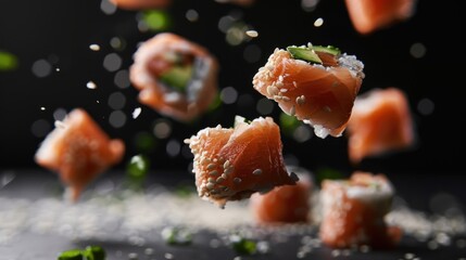An exquisite arrangement of sushi pieces frozen mid-air, highlighting the vibrant colors and textures of the fish, garnished with sesame seeds and fresh herbs for visual appeal.