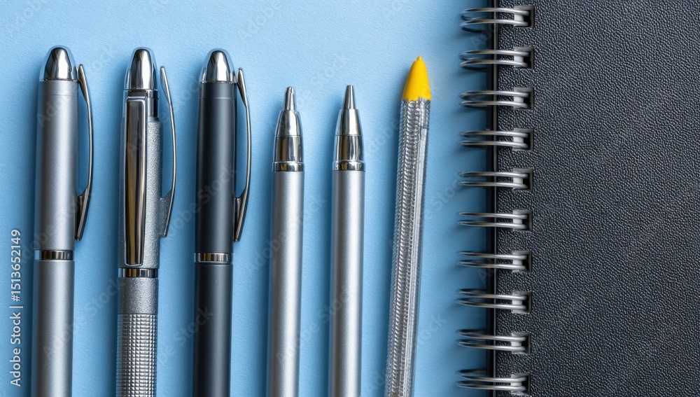 Poster pens and a notebook on a blue surface, illustrating creative writing and office productivity for bus