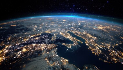 Obraz premium Earth at Night From Space With City Lights, Showcasing Global Connectivity and Technological Advancement for International Business : Generative AI