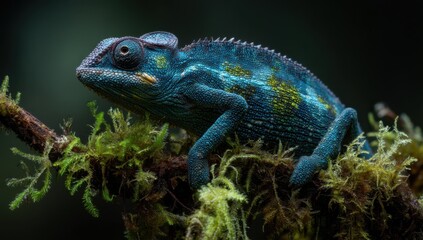 Fototapeta premium Elegant Blue Chameleon Perched on Mossy Branch, Showcasing Wildlife Conservation and Biodiversity : Generative AI