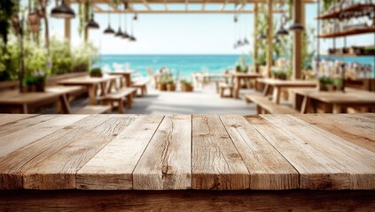 Rustic Wooden Tabletop Overlooking Oceanfront Cafe, Ideal for Product Placement and Summer Vacation Marketing Campaigns : Generative AI