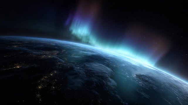 Dazzling aurora shimmers above Earths horizon, captured from orbit with vivid colors. This stunning aurora display reveals natural beauty of space and atmospheric magic