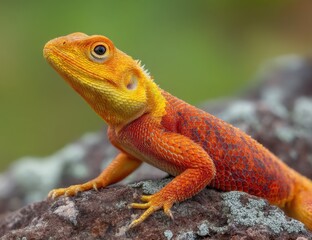Fototapeta premium Vibrant Orange Lizard Perched on Rock, Representing Wildlife Conservation and Biodiversity Awareness, Perfect for Environmental Education Materials : Generative AI