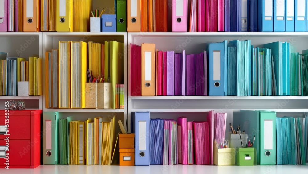 Poster colorful books and folders arranged on shelves, showcasing organization and information management f