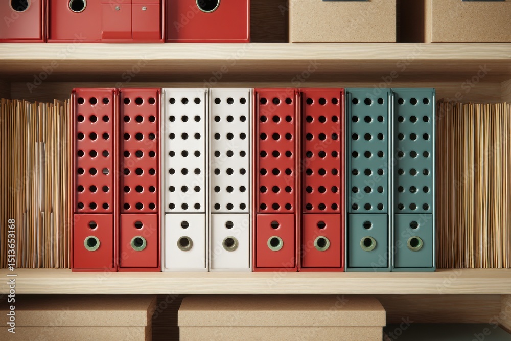 Poster Colorful File Folders on Wooden Shelf, Representing Organization, Productivity, and Efficient Document Management in a Business Setting : Generative AI