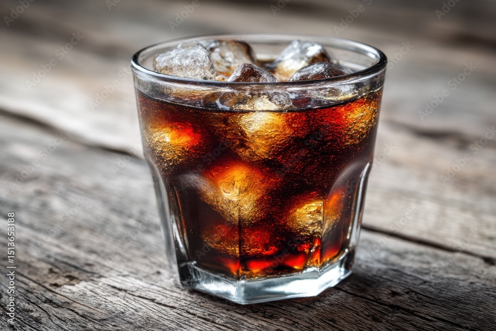 Poster refreshing cola drink with ice cubes on rustic wood surface, symbolizing summer refreshment and beve