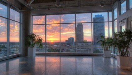 City Skyline at Sunset Through Office Windows, Representing Urban Development and Corporate Growth, with a Modern and Inspiring Atmosphere : Generative AI