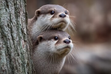 Two Curious Otters Peeking From Behind a Tree Trunk, Representing Family Bonding and Wildlife Conservation Awareness : Generative AI