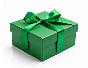 Obraz premium Elegant green gift box with green ribbon isolated on white