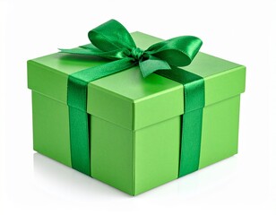 Obraz premium Elegant green gift box with green ribbon isolated on white