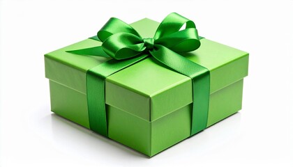 Obraz premium Elegant green gift box with green ribbon isolated on white