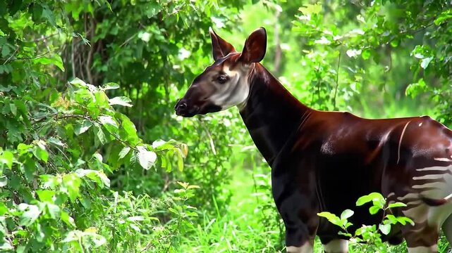 Okapi Standing Near Dense Foliage &ndash; Mystical Central African Jungle Backdrop