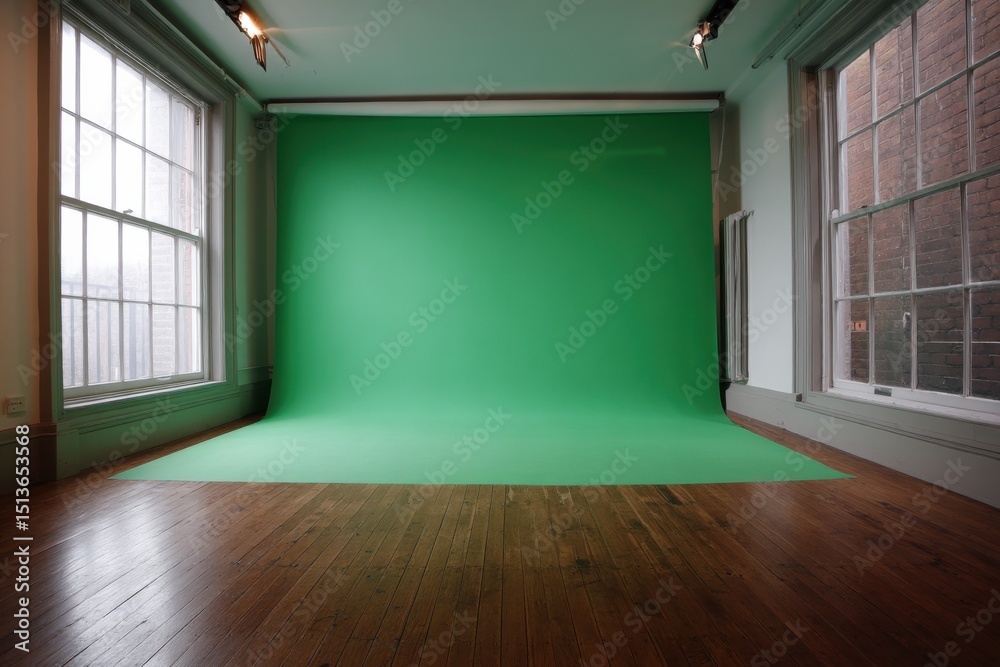 Aufkleber empty studio with green screen backdrop and wooden floor, representing creative opportunity and vers