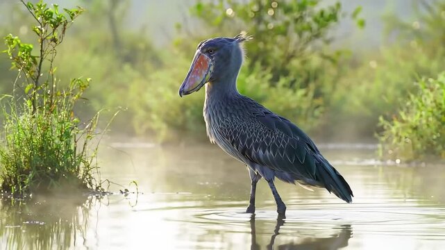 Shoebill Stork Standing in Shallow Water &ndash; Misty Swamp Wildlife Portrait