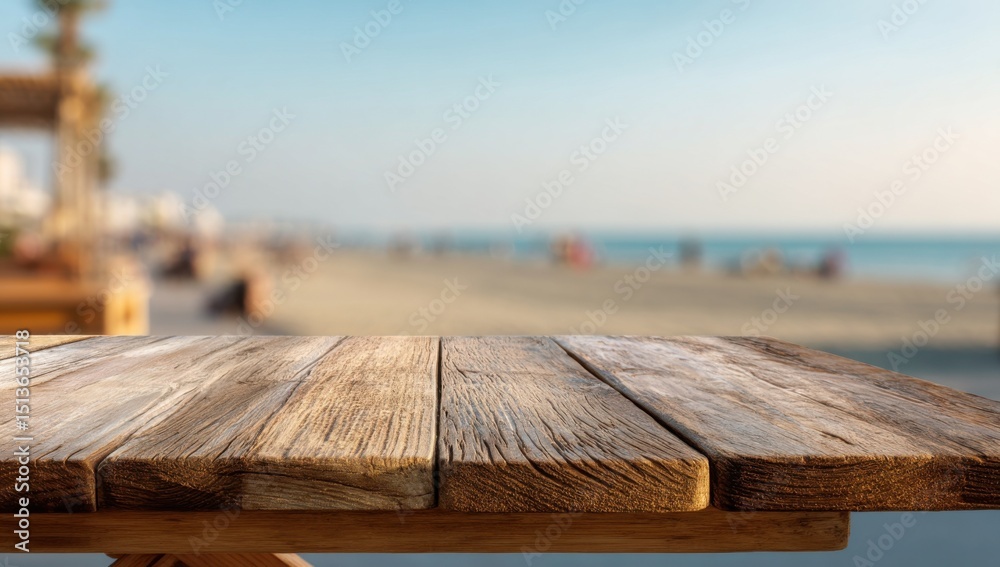 Poster rustic wooden tabletop overlooking a blurred beach scene, ideal for summer product placement and vac