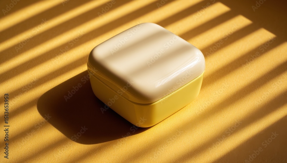 Poster yellow and cream box on yellow surface with window light, representing minimalism, freshness, and pr