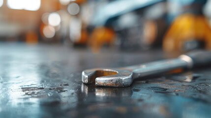 A close-up view of a rusty wrench lies on a workshop floor, symbolizing hard work, craftsmanship, and the dedication required in manual labor and trades.