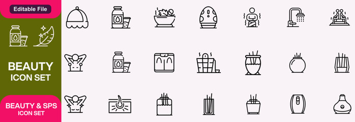 Beauty Products Line Icon Set contains Eyeliner, Lipstick, Make Up, Mascara, Comb, Perfume, Cream, Hair Straightener and so on icons.