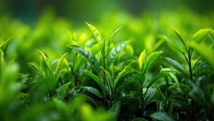 Lush Green Tea Leaves With Water Droplets, Representing Freshness and Sustainable Agriculture for Eco-Conscious Consumers Seeking Natural Wellness : Generative AI