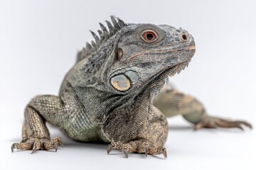 Obraz premium Green Iguana Close-Up on White Background, Showcasing Exotic Pets and Reptile Conservation Efforts : Generative AI