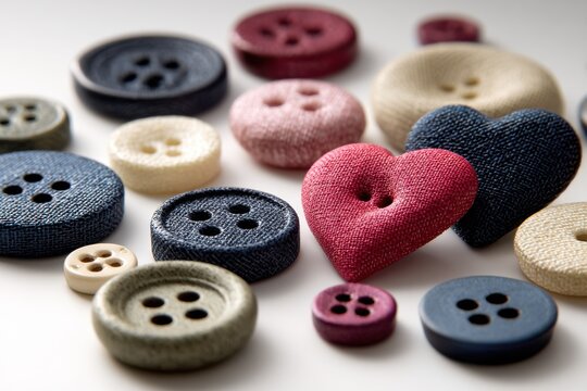 Collection of Colorful Fabric Buttons, Including a Heart Shape, Symbolizing Craftsmanship and Sewing Projects for Creative Expression and DIY Hobbies : Generative AI