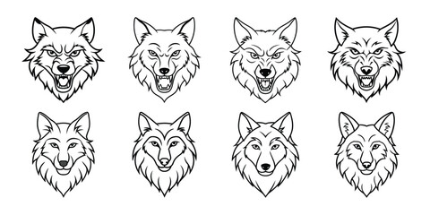 Collection of vector wolf head line art on white background