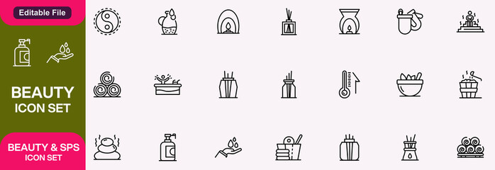 Beauty Products Line Icon Set contains Eyeliner, Lipstick, Make Up, Mascara, Comb, Perfume, Cream, Hair Straightener and so on icons.