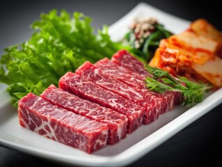Korean Barbecue Beef Slices With Kimchi and Lettuce, Representing Culinary Tradition and Restaurant Menu Options : Generative AI