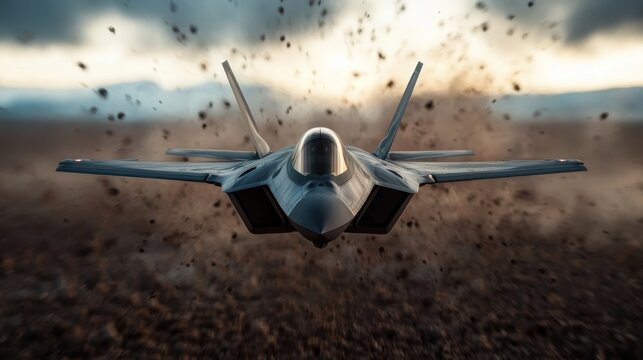 A dynamic view of a fighter jet soaring through a dusty terrain, highlighting the power and technology of modern aviation amidst an atmospheric backdrop. Perfect for transport and technology.